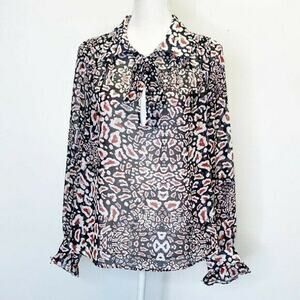Chloe Oliver Printed Popover tie neck Blouse Multicolor Sz s long sleeve ruffle